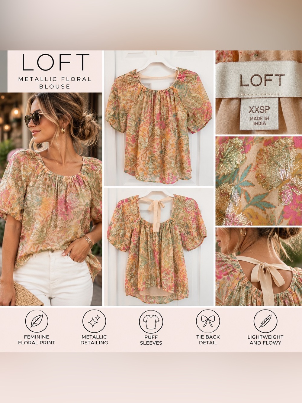 LOFT Metallic Gold Floral Puff Sleeve Blouse Pink Boho XS Petite